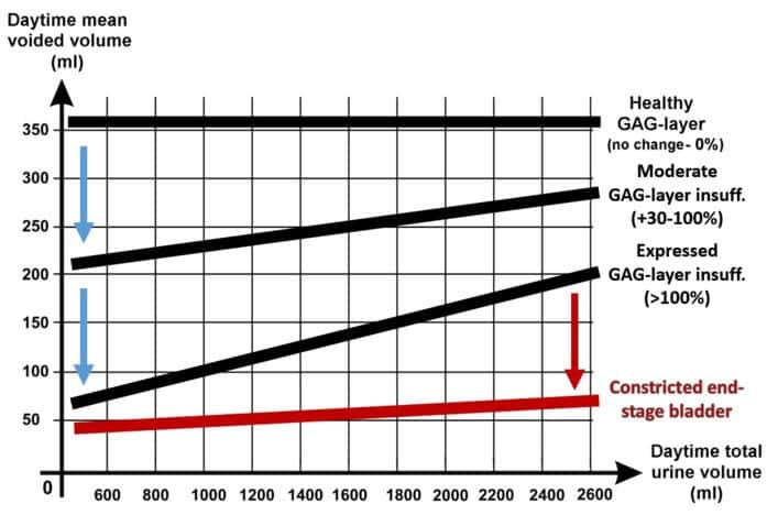 The more concentrated the urine is, the smaller the daytime mean voided volume is if the GAG-layer is not healthy